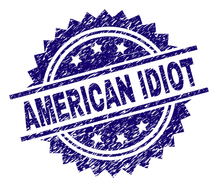 AMERICAN IDIOT stamp seal watermark with distress style. Blue vector rubber print of AMERICAN IDIOT tag with corroded texture.のイラスト素材