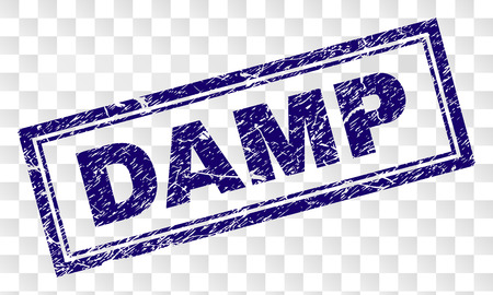 DAMP stamp seal print with rubber print style and double framed rectangle shape. Stamp is placed on a transparent background. Blue vector rubber print of DAMP tag with scratched texture.のイラスト素材