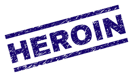 HEROIN seal print with distress style. Blue vector rubber print of HEROIN text with dirty texture. Text caption is placed between parallel lines.のイラスト素材