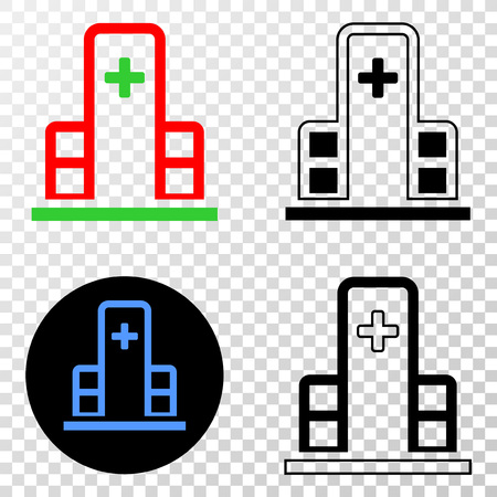 Geographic composition of dotted clinic building and grunge seal stamp. Mosaic vector clinic building designed with square dots and gradient from blue to red color. Flat design for patriotic posters.のイラスト素材