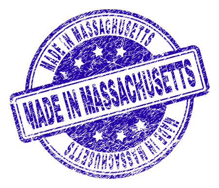 MADE IN MASSACHUSETTS stamp seal watermark with grunge effect. Designed with rounded rectangles and circles. Blue vector rubber print of MADE IN MASSACHUSETTS tag with grunge texture.のイラスト素材