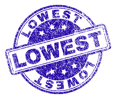 LOWEST stamp seal imprint with distress texture. Designed with rounded rectangles and circles. Blue vector rubber print of LOWEST text with grunge texture.のイラスト素材