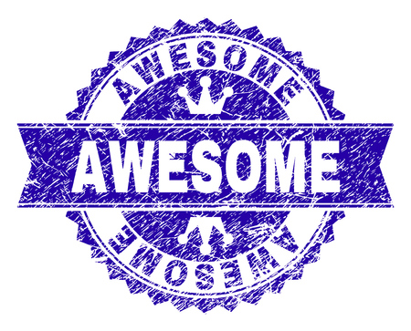 AWESOME rosette stamp seal watermark with grunge style. Designed with round rosette, ribbon and small crowns. Blue vector rubber watermark of AWESOME caption with corroded style.のイラスト素材