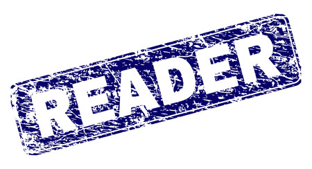 READER stamp seal print with grunge texture. Seal shape is a rounded rectangle with frame. Blue vector rubber print of READER title with grunge texture.のイラスト素材
