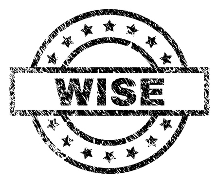 WISE stamp seal watermark with distress style. Designed with rectangle, circles and stars. Black vector rubber print of WISE tag with corroded texture.のイラスト素材