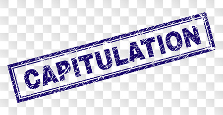 CAPITULATION stamp seal print with distress style and double framed rectangle shape. Stamp is placed on a transparent background. Blue vector rubber print of CAPITULATION title with dust texture.のイラスト素材