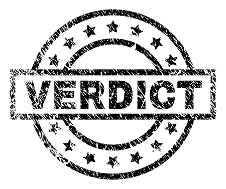 VERDICT stamp seal watermark with distress style. Designed with rectangle, circles and stars. Black vector rubber print of VERDICT text with scratched texture.のイラスト素材