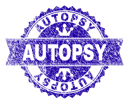 AUTOPSY rosette stamp seal imprint with distress style. Designed with round rosette, ribbon and small crowns. Blue vector rubber print of AUTOPSY label with dust style.のイラスト素材