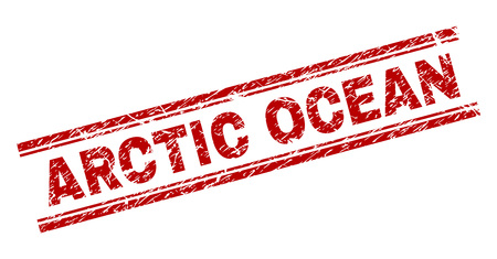 ARCTIC OCEAN seal stamp with corroded texture. Red vector rubber print of ARCTIC OCEAN text with dirty texture. Text label is placed between double parallel lines.のイラスト素材
