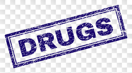 DRUGS stamp seal print with rubber print style and double framed rectangle shape. Stamp is placed on a transparent background. Blue vector rubber print of DRUGS caption with corroded texture.のイラスト素材