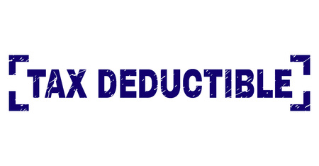 TAX DEDUCTIBLE tag seal print with distress texture. Text label is placed inside corners. Blue vector rubber print of TAX DEDUCTIBLE with unclean texture.のイラスト素材
