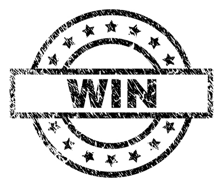 WIN stamp seal watermark with distress style. Designed with rectangle, circles and stars. Black vector rubber print of WIN tag with grunge texture.のイラスト素材