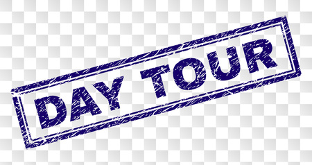 DAY TOUR stamp seal imprint with rubber print style and double framed rectangle shape. Stamp is placed on a transparent background. Blue vector rubber print of DAY TOUR title with grunge texture.のイラスト素材