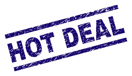 HOT DEAL seal print with distress style. Blue vector rubber print of HOT DEAL text with dust texture. Text title is placed between parallel lines.のイラスト素材
