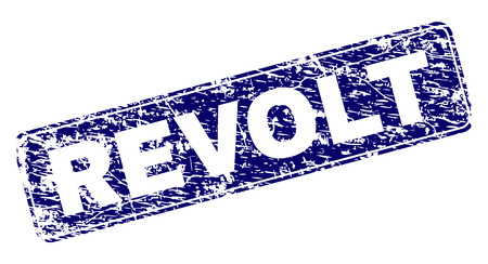 REVOLT stamp seal print with grunge texture. Seal shape is a rounded rectangle with frame. Blue vector rubber print of REVOLT title with dust texture.のイラスト素材