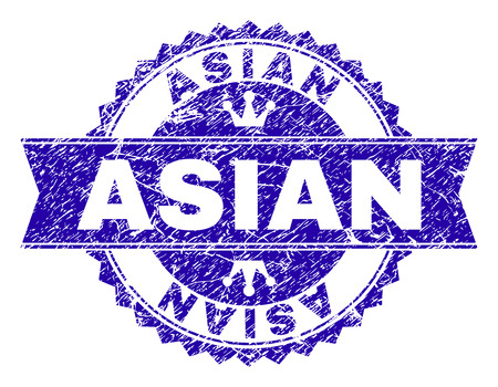 ASIAN rosette stamp imprint with grunge texture. Designed with round rosette, ribbon and small crowns. Blue vector rubber watermark of ASIAN text with grunge texture.のイラスト素材