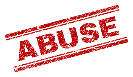 ABUSE seal print with grunge texture. Red vector rubber print of ABUSE text with unclean texture. Text label is placed between double parallel lines.のイラスト素材