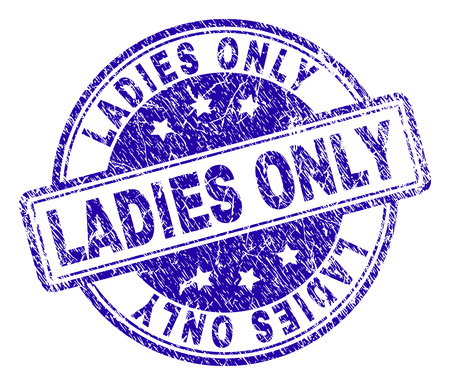 LADIES ONLY stamp seal watermark with distress texture. Designed with rounded rectangles and circles. Blue vector rubber print of LADIES ONLY caption with corroded texture.のイラスト素材