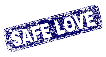 SAFE LOVE stamp seal print with grunge texture. Seal shape is a rounded rectangle with frame. Blue vector rubber print of SAFE LOVE title with scratched texture.のイラスト素材