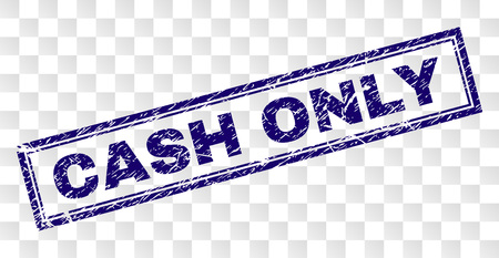 CASH ONLY stamp seal print with rubber print style and double framed rectangle shape. Stamp is placed on a transparent background. Blue vector rubber print of CASH ONLY caption with corroded texture.のイラスト素材