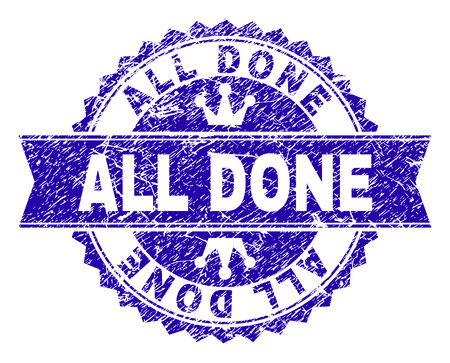 ALL DONE rosette stamp watermark with distress texture. Designed with round rosette, ribbon and small crowns. Blue vector rubber watermark of ALL DONE caption with corroded texture.のイラスト素材