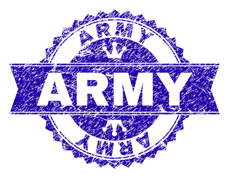ARMY rosette stamp seal imitation with distress texture. Designed with round rosette, ribbon and small crowns. Blue vector rubber watermark of ARMY caption with dust texture.のイラスト素材