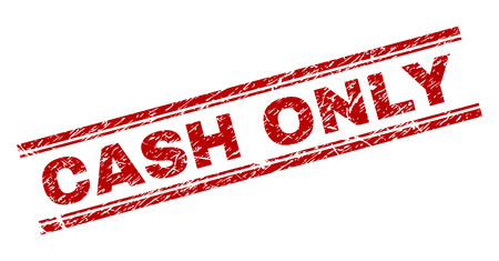 CASH ONLY seal stamp with distress texture. Red vector rubber print of CASH ONLY title with grunge texture. Text label is placed between double parallel lines.のイラスト素材