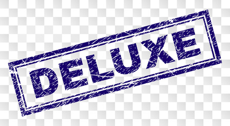 DELUXE stamp seal print with grunge style and double framed rectangle shape. Stamp is placed on a transparent background. Blue vector rubber print of DELUXE tag with grunge texture.のイラスト素材