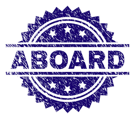 ABOARD stamp seal watermark with distress style. Blue vector rubber print of ABOARD title with dust texture.のイラスト素材