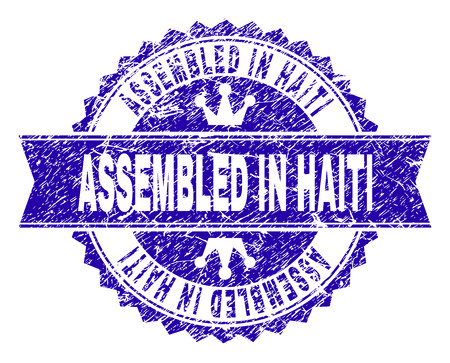 ASSEMBLED IN HAITI rosette seal watermark with grunge style. Designed with round rosette, ribbon and small crowns. Blue vector rubber watermark of ASSEMBLED IN HAITI label with dust style.のイラスト素材