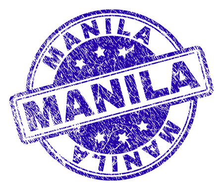 MANILA stamp seal imprint with distress texture. Designed with rounded rectangles and circles. Blue vector rubber print of MANILA tag with scratched texture.のイラスト素材