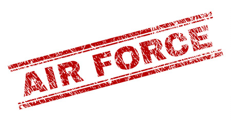 AIR FORCE seal stamp with corroded texture. Red vector rubber print of AIR FORCE label with corroded texture. Text tag is placed between double parallel lines.のイラスト素材