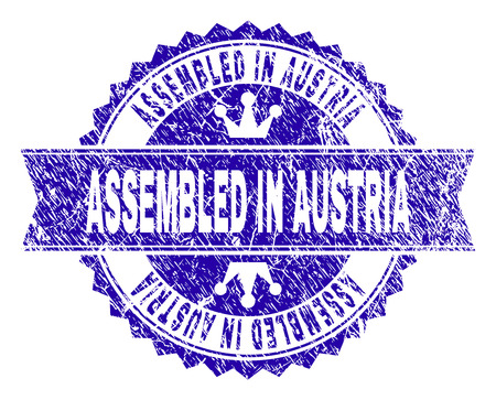 ASSEMBLED IN AUSTRIA rosette seal imprint with grunge style. Designed with round rosette, ribbon and small crowns. Blue vector rubber print of ASSEMBLED IN AUSTRIA caption with retro style.のイラスト素材