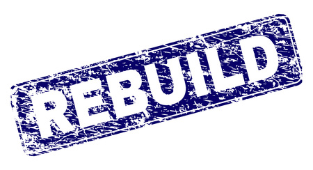 REBUILD stamp seal print with distress texture. Seal shape is a rounded rectangle with frame. Blue vector rubber print of REBUILD text with unclean texture.のイラスト素材
