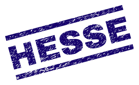 HESSE seal print with scratced style. Blue vector rubber print of HESSE text with dirty texture. Text label is placed between parallel lines.のイラスト素材