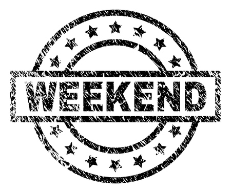 WEEKEND stamp seal watermark with distress style. Designed with rectangle, circles and stars. Black vector rubber print of WEEKEND title with unclean texture.のイラスト素材