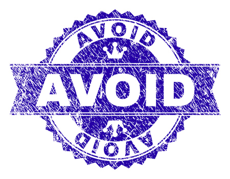 AVOID rosette stamp imitation with grunge style. Designed with round rosette, ribbon and small crowns. Blue vector rubber watermark of AVOID tag with scratched style.のイラスト素材