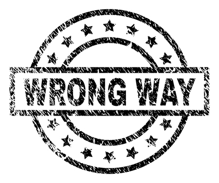 WRONG WAY stamp seal watermark with distress style. Designed with rectangle, circles and stars. Black vector rubber print of WRONG WAY title with dust texture.のイラスト素材