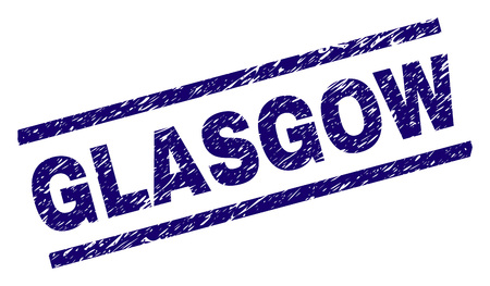 GLASGOW seal print with scratced style. Blue vector rubber print of GLASGOW text with scratched texture. Text label is placed between parallel lines.のイラスト素材