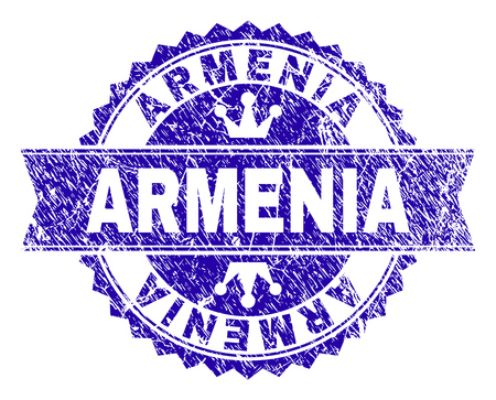 ARMENIA rosette seal imitation with grunge style. Designed with round rosette, ribbon and small crowns. Blue vector rubber print of ARMENIA title with scratched style.のイラスト素材