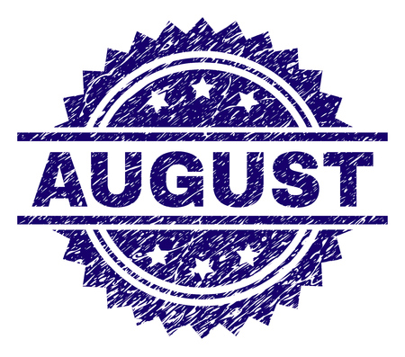 AUGUST stamp seal watermark with distress style. Blue vector rubber print of AUGUST text with grunge texture.のイラスト素材