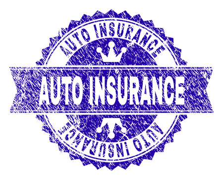 AUTO INSURANCE rosette stamp seal watermark with distress effect. Designed with round rosette, ribbon and small crowns. Blue vector rubber watermark of AUTO INSURANCE title with dirty style.のイラスト素材