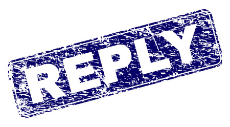 REPLY stamp seal print with grunge texture. Seal shape is a rounded rectangle with frame. Blue vector rubber print of REPLY label with dirty style.のイラスト素材