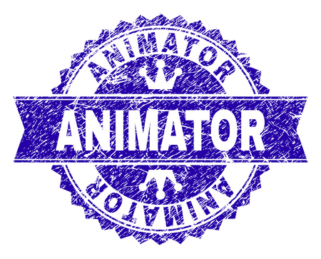 ANIMATOR rosette stamp seal imprint with distress texture. Designed with round rosette, ribbon and small crowns. Blue vector rubber watermark of ANIMATOR tag with dust texture.のイラスト素材