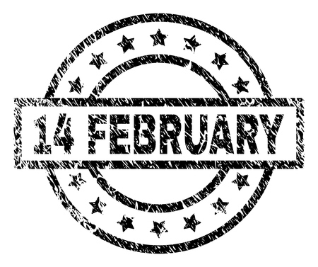14 FEBRUARY stamp seal watermark with distress style. Designed with rectangle, circles and stars. Black vector rubber print of 14 FEBRUARY title with retro texture.のイラスト素材