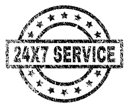 24X7 SERVICE stamp seal watermark with distress style. Designed with rectangle, circles and stars. Black vector rubber print of 24X7 SERVICE tag with unclean texture.のイラスト素材