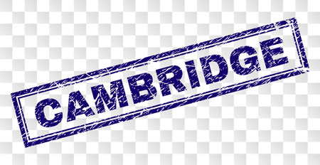 CAMBRIDGE stamp seal print with distress style and double framed rectangle shape. Stamp is placed on a transparent background. Blue vector rubber print of CAMBRIDGE title with retro texture.のイラスト素材
