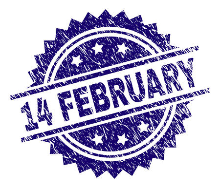 14 FEBRUARY stamp seal watermark with distress style. Blue vector rubber print of 14 FEBRUARY caption with dust texture.のイラスト素材