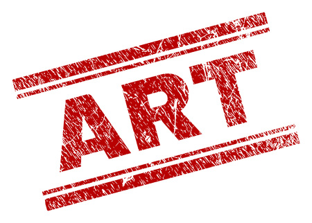 ART seal stamp with distress texture. Red vector rubber print of ART text with dust texture. Text title is placed between double parallel lines.のイラスト素材