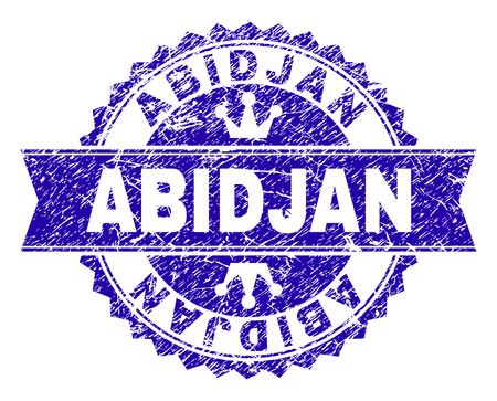 ABIDJAN rosette seal watermark with grunge texture. Designed with round rosette, ribbon and small crowns. Blue vector rubber watermark of ABIDJAN text with unclean style.のイラスト素材